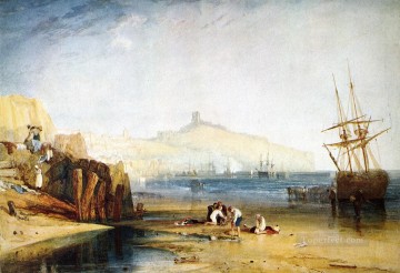 ジョセフ・マロード・ウィリアム・ターナー Painting - スカボローの町と城 カニを捕まえる朝の少年たち ロマンチックなターナー